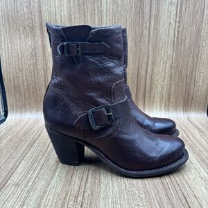 FRYE Karla Engineer Leather Back Zip Heeled Ankle Boot Women's 7.5 B Brown